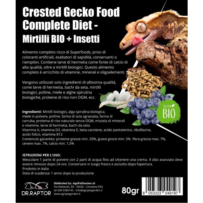 Dr.Raptor Crested Gecko Food Complete Diet - Mirtillo BIO + Insetti