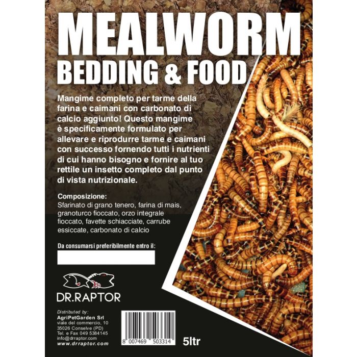 Dr.Raptor Mealworm Bedding and Food - Mangime d'allevamento per Tarme e Caimani 5 Litri