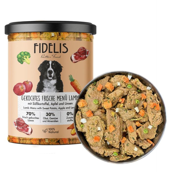 Fidelis - Menu di Agnello fresco cotto con patate dolci, mele e semi di lino 400gr