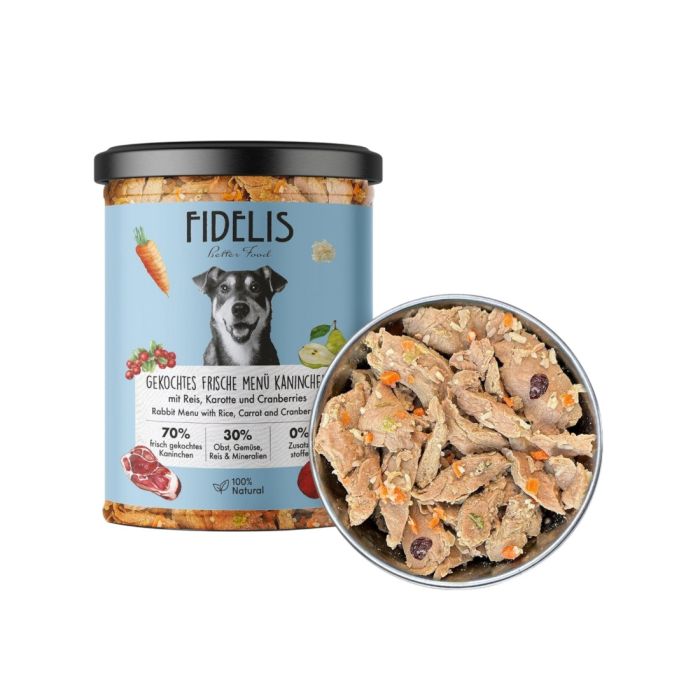 Fidelis - Menu di coniglio fresco cotto con riso, carote e mirtilli rossi 400gr