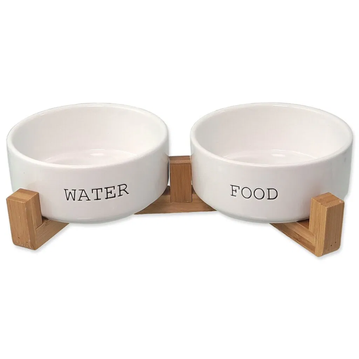 Set Ciotole ceramica Bianca con base in Bamboo S