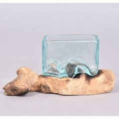 Vaso di Vetro fuso su legno naturale 10x10cm